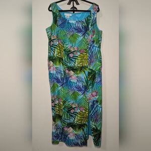 Maggy London Tropical Floral Maxi Dress Green Blue Pink Linen Cotton Size 18W*